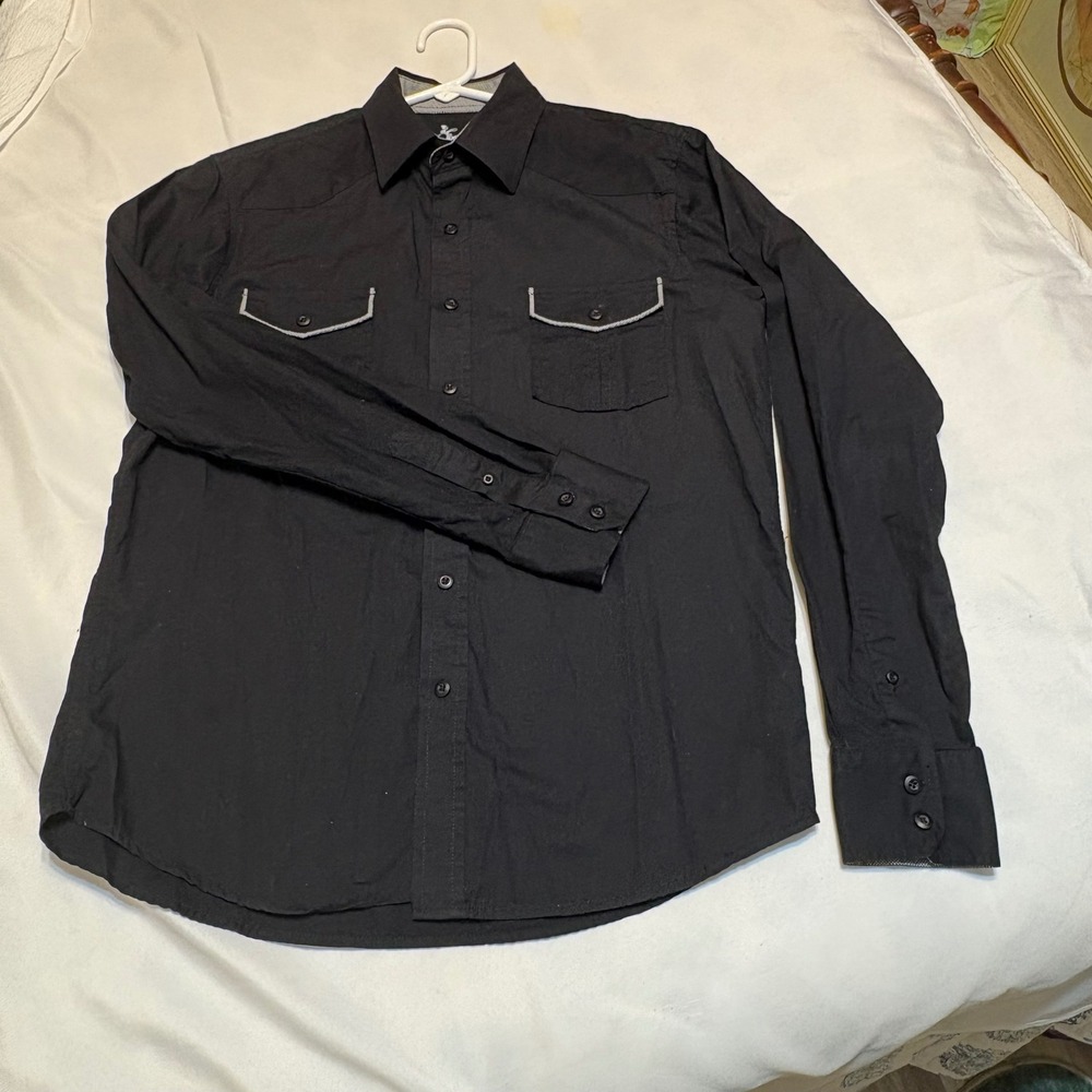 Age of Wisdom Mens Black Western Button Down Shirt Cotton Small Contrast Trim